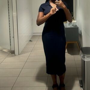 ZARA Ribbed Short-Sleeve Polo Dress - Navy Blue